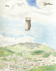 「真夏の悪夢」萩の台より生駒山を望む　長崎型模擬原爆パンプキン